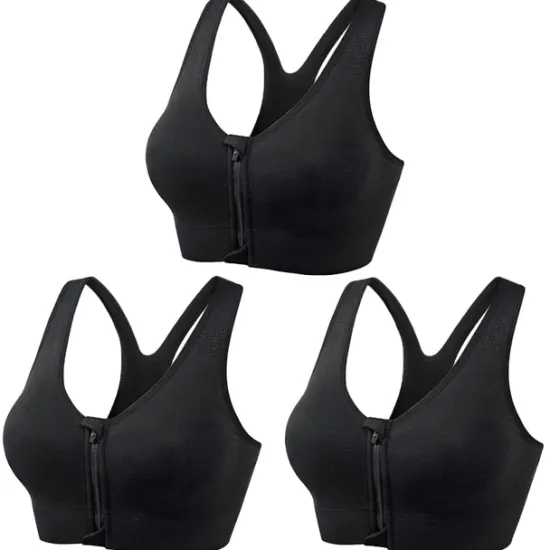 New 3 Pack Women's High Support Sports Bra Running Bra Seamless Zip Front Racerback Bra Top Padded Yoga Fitness Gym Workout Breathable Shockproof Quick Dry Khaki Black White Solid Colored Home Outfits Women Lingerie