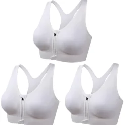 New 3 Pack Women's High Support Sports Bra Running Bra Seamless Zip Front Racerback Bra Top Padded Yoga Fitness Gym Workout Breathable Shockproof Quick Dry Khaki Black White Solid Colored Home Outfits Women Lingerie