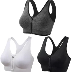 New 3 Pack Women's High Support Sports Bra Running Bra Seamless Zip Front Racerback Bra Top Padded Yoga Fitness Gym Workout Breathable Shockproof Quick Dry Khaki Black White Solid Colored Home Outfits Women Lingerie