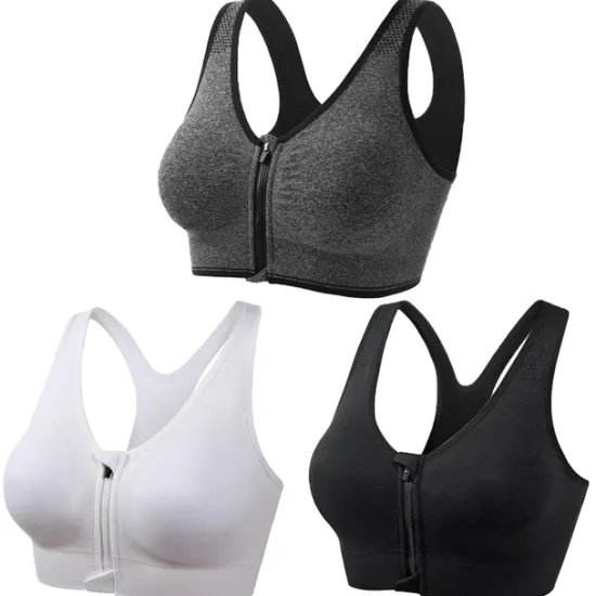 New 3 Pack Women's High Support Sports Bra Running Bra Seamless Zip Front Racerback Bra Top Padded Yoga Fitness Gym Workout Breathable Shockproof Quick Dry Khaki Black White Solid Colored Home Outfits Women Lingerie