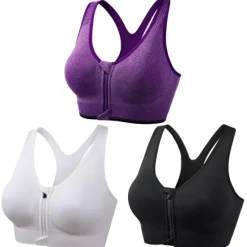 New 3 Pack Women's High Support Sports Bra Running Bra Seamless Zip Front Racerback Bra Top Padded Yoga Fitness Gym Workout Breathable Shockproof Quick Dry Khaki Black White Solid Colored Home Outfits Women Lingerie