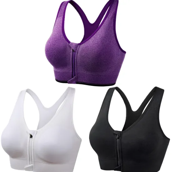 New 3 Pack Women's High Support Sports Bra Running Bra Seamless Zip Front Racerback Bra Top Padded Yoga Fitness Gym Workout Breathable Shockproof Quick Dry Khaki Black White Solid Colored Home Outfits Women Lingerie