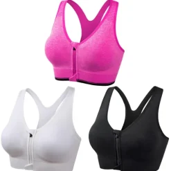 New 3 Pack Women's High Support Sports Bra Running Bra Seamless Zip Front Racerback Bra Top Padded Yoga Fitness Gym Workout Breathable Shockproof Quick Dry Khaki Black White Solid Colored Home Outfits Women Lingerie