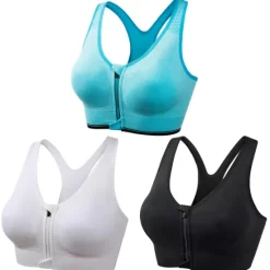 New 3 Pack Women's High Support Sports Bra Running Bra Seamless Zip Front Racerback Bra Top Padded Yoga Fitness Gym Workout Breathable Shockproof Quick Dry Khaki Black White Solid Colored Home Outfits Women Lingerie