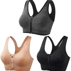 New 3 Pack Women's High Support Sports Bra Running Bra Seamless Zip Front Racerback Bra Top Padded Yoga Fitness Gym Workout Breathable Shockproof Quick Dry Khaki Black White Solid Colored Home Outfits Women Lingerie