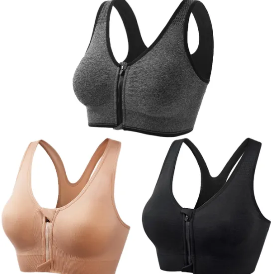 New 3 Pack Women's High Support Sports Bra Running Bra Seamless Zip Front Racerback Bra Top Padded Yoga Fitness Gym Workout Breathable Shockproof Quick Dry Khaki Black White Solid Colored Home Outfits Women Lingerie