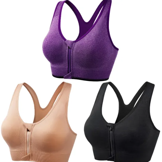 New 3 Pack Women's High Support Sports Bra Running Bra Seamless Zip Front Racerback Bra Top Padded Yoga Fitness Gym Workout Breathable Shockproof Quick Dry Khaki Black White Solid Colored Home Outfits Women Lingerie