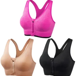 New 3 Pack Women's High Support Sports Bra Running Bra Seamless Zip Front Racerback Bra Top Padded Yoga Fitness Gym Workout Breathable Shockproof Quick Dry Khaki Black White Solid Colored Home Outfits Women Lingerie