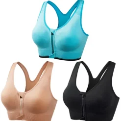 New 3 Pack Women's High Support Sports Bra Running Bra Seamless Zip Front Racerback Bra Top Padded Yoga Fitness Gym Workout Breathable Shockproof Quick Dry Khaki Black White Solid Colored Home Outfits Women Lingerie