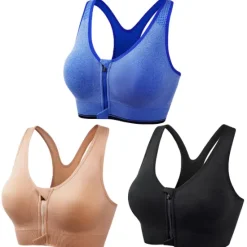 New 3 Pack Women's High Support Sports Bra Running Bra Seamless Zip Front Racerback Bra Top Padded Yoga Fitness Gym Workout Breathable Shockproof Quick Dry Khaki Black White Solid Colored Home Outfits Women Lingerie