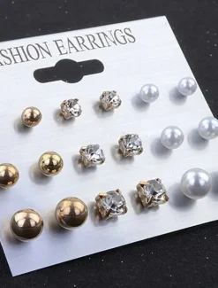 Online 9 Pairs Stud Earrings For Women's Party Evening Prom Date Alloy Classic Fashion Women Trendy Jewelry