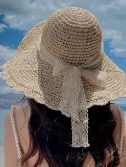 1 pcs Summer Handmade Crochet Lace Straw Hat For Women With Wide Brim Foldable Beach Hat Women Hats