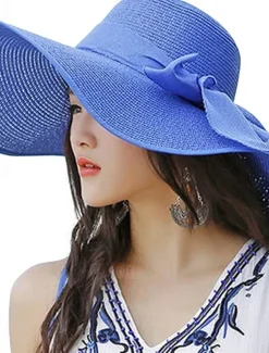 Sale 1 pcs Womens 5.5 Inches Big Bowknot Straw Hat Large Floppy Foldable Roll up Beach Cap Sun Hat UPF 50 Women Hats