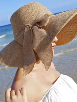 Sale 1 pcs Womens 5.5 Inches Big Bowknot Straw Hat Large Floppy Foldable Roll up Beach Cap Sun Hat UPF 50 Women Hats