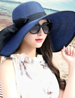 Sale 1 pcs Womens 5.5 Inches Big Bowknot Straw Hat Large Floppy Foldable Roll up Beach Cap Sun Hat UPF 50 Women Hats