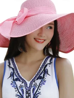 Sale 1 pcs Womens 5.5 Inches Big Bowknot Straw Hat Large Floppy Foldable Roll up Beach Cap Sun Hat UPF 50 Women Hats