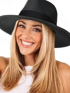 Outlet 1 pcs Womens Mens Wide Brim Straw Panama Hat Fedora Summer Beach Sun Hat Straw Hat for Women Women Hats