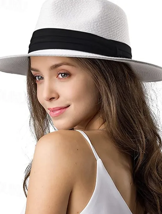 Outlet 1 pcs Womens Mens Wide Brim Straw Panama Hat Fedora Summer Beach Sun Hat Straw Hat for Women Women Hats