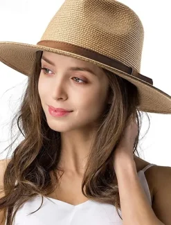 Outlet 1 pcs Womens Mens Wide Brim Straw Panama Hat Fedora Summer Beach Sun Hat Straw Hat for Women Women Hats
