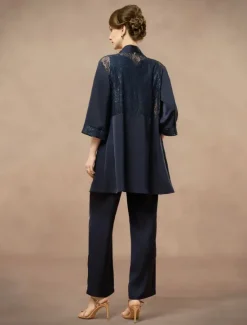 New 3 Piece Mother of the Bride Pantsuit Metalic Floral Lace Applique Elegant Minimalist V Neck Ankle Length Lace 3/4 Length Sleeve Jacket2025 Women Two Piece Sets