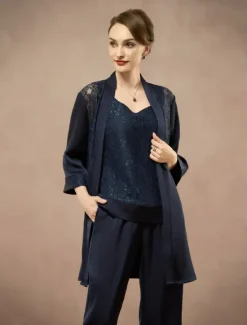 New 3 Piece Mother of the Bride Pantsuit Metalic Floral Lace Applique Elegant Minimalist V Neck Ankle Length Lace 3/4 Length Sleeve Jacket2025 Women Two Piece Sets