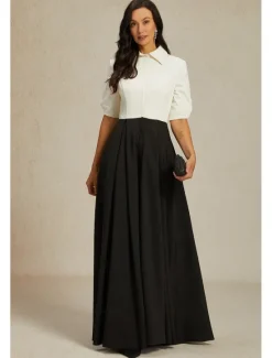 Online A-Line Mother of the Bride Dress Elegant Party Shirt Collar Floor Length Taffeta Short Sleeve with Bow(s) Color Block 2025 Women Cocktail Dress