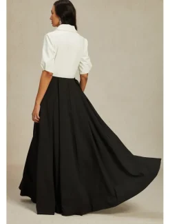 Online A-Line Mother of the Bride Dress Elegant Party Shirt Collar Floor Length Taffeta Short Sleeve with Bow(s) Color Block 2025 Women Cocktail Dress