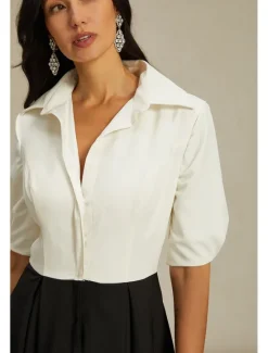 Online A-Line Mother of the Bride Dress Elegant Party Shirt Collar Floor Length Taffeta Short Sleeve with Bow(s) Color Block 2025 Women Cocktail Dress