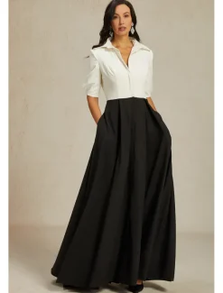 Online A-Line Mother of the Bride Dress Elegant Party Shirt Collar Floor Length Taffeta Short Sleeve with Bow(s) Color Block 2025 Women Cocktail Dress