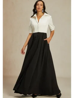 Online A-Line Mother of the Bride Dress Elegant Party Shirt Collar Floor Length Taffeta Short Sleeve with Bow(s) Color Block 2025 Women Cocktail Dress
