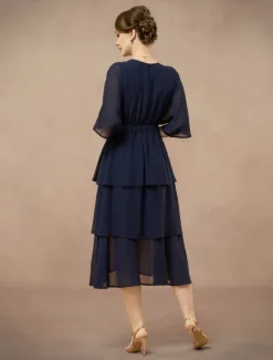 Outlet A-Line Mother of the Bride Dress Elegant V Neck Floor Length Chiffon Half Sleeve with Bow(s) Cascading Ruffles Solid Color 2025 Women Cocktail Dress