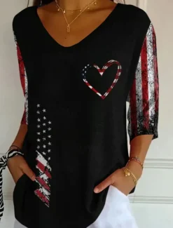 Outlet American Women's Blouse Floral Graphic Bohemia Vintage Tropical 3/4 Length Sleeve V Neck Regular Tops Daily Buttons Print Black Dusty Blue Light Blue Summer Spring Women Independence Day Top