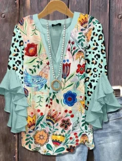 Online American Women's Blouse Graphic Leopard Bohemia Vintage Daily 3/4 Length Sleeve Flutter Sleeve V Neck Regular Tops Daily Holiday Vacation Wear Ruffle Print Yellow Light Green Pink Women Independence Day Top