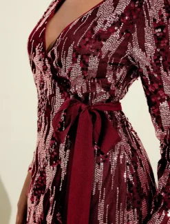 Hot Blac Sequin Wedding Guest Textured Criss Cross Belted Party/Evening Dress Wrap Dress dress to impress 2024 Women Cocktail Dress