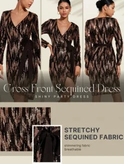 Hot Blac Sequin Wedding Guest Textured Criss Cross Belted Party/Evening Dress Wrap Dress dress to impress 2024 Women Cocktail Dress