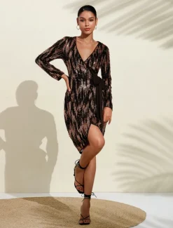 Hot Blac Sequin Wedding Guest Textured Criss Cross Belted Party/Evening Dress Wrap Dress dress to impress 2024 Women Cocktail Dress