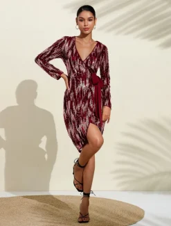 Hot Blac Sequin Wedding Guest Textured Criss Cross Belted Party/Evening Dress Wrap Dress dress to impress 2024 Women Cocktail Dress