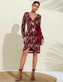 Hot Blac Sequin Wedding Guest Textured Criss Cross Belted Party/Evening Dress Wrap Dress dress to impress 2024 Women Cocktail Dress