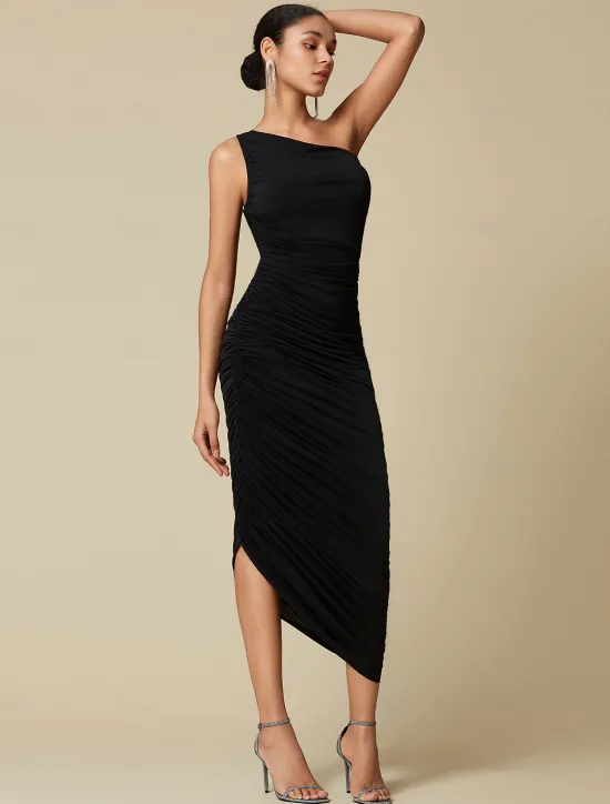 New Elegant Party/Wedding Guest Ruched Sleeveless One Shoulder Elegant Midi Dress dress to impress 2024 Women Cocktail Dress