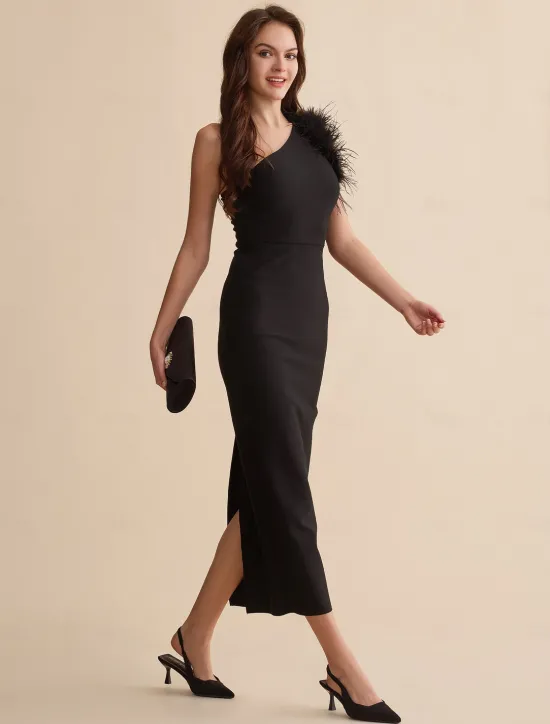 Online Fashion Party/Wedding Guest One Shoulder Feather Polyeste Maxi Dress dress to impress 2024 Women Cocktail Dress