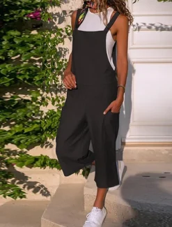 Outlet Black Jumpsuit for Women Utility Overall Pocket Solid Color U Neck Streetwear Daily Vacation Regular Fit Strap Wine Army Green S M L Summer Fall Women Overalls