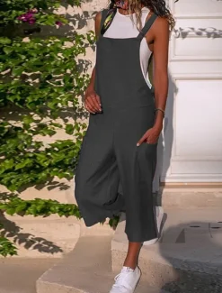 Outlet Black Jumpsuit for Women Utility Overall Pocket Solid Color U Neck Streetwear Daily Vacation Regular Fit Strap Wine Army Green S M L Summer Fall Women Overalls