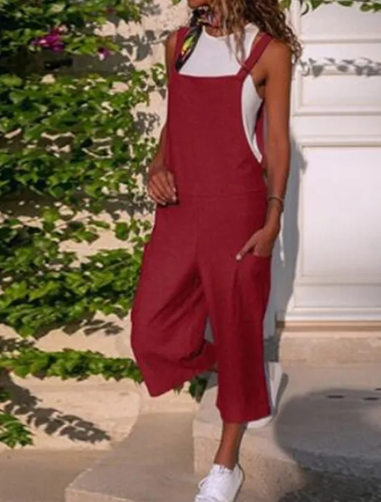 Outlet Black Jumpsuit for Women Utility Overall Pocket Solid Color U Neck Streetwear Daily Vacation Regular Fit Strap Wine Army Green S M L Summer Fall Women Overalls