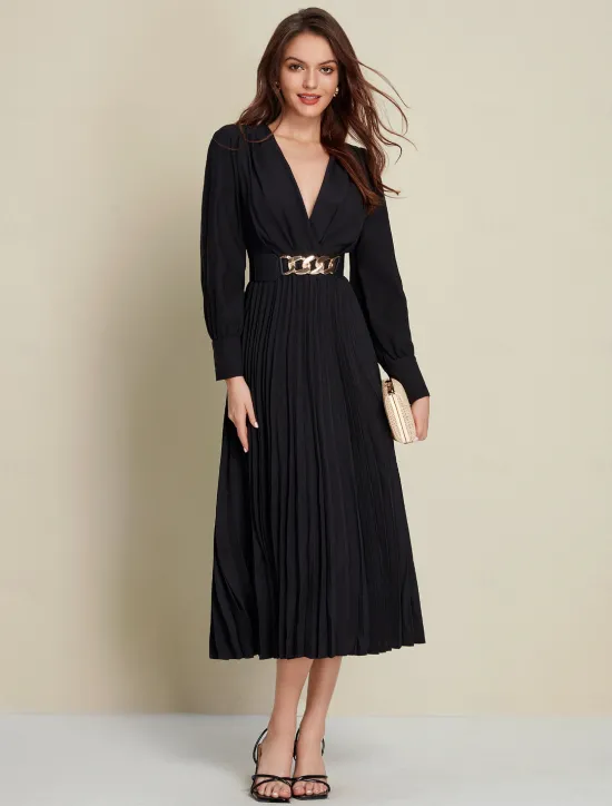 Discount Satin Pleated Party/Wedding Guest Deep V Long Sleeve Belted Maxi Dress dress to impress 2024 Women Cocktail Dress
