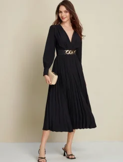 Discount Satin Pleated Party/Wedding Guest Deep V Long Sleeve Belted Maxi Dress dress to impress 2024 Women Cocktail Dress