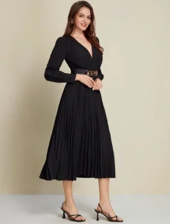 Discount Satin Pleated Party/Wedding Guest Deep V Long Sleeve Belted Maxi Dress dress to impress 2024 Women Cocktail Dress