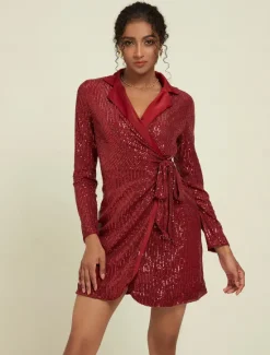 Online Sequin Deep V Wedding Guest/Party/Birthday Long Sleeve Mini Dress Wrap Dress dress to impress 2024 Women Cocktail Dress