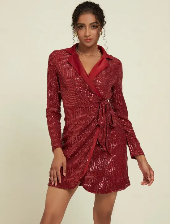 Online Sequin Deep V Wedding Guest/Party/Birthday Long Sleeve Mini Dress Wrap Dress dress to impress 2024 Women Cocktail Dress