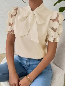 Discount Blouse Women's Black White Red Solid / Plain Color Lace Bow Daily Elegant Standing Collar Regular Fit S Women Lace Tops