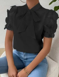 Discount Blouse Women's Black White Red Solid / Plain Color Lace Bow Daily Elegant Standing Collar Regular Fit S Women Lace Tops